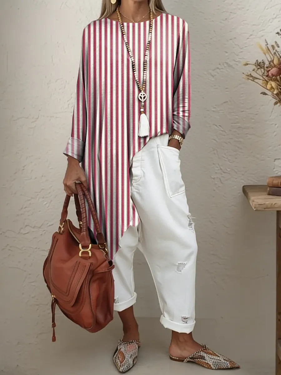 Ethnicity Stripes Women's Print Irregular Hem Cotton Long-sleeve T-shirt