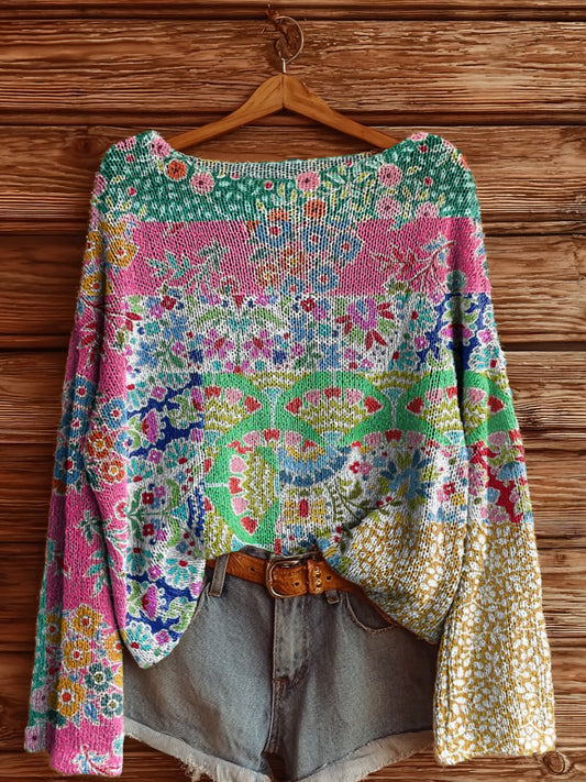 Women's Vintage Bohemian Floral Art Print Casual Pullover Sweater