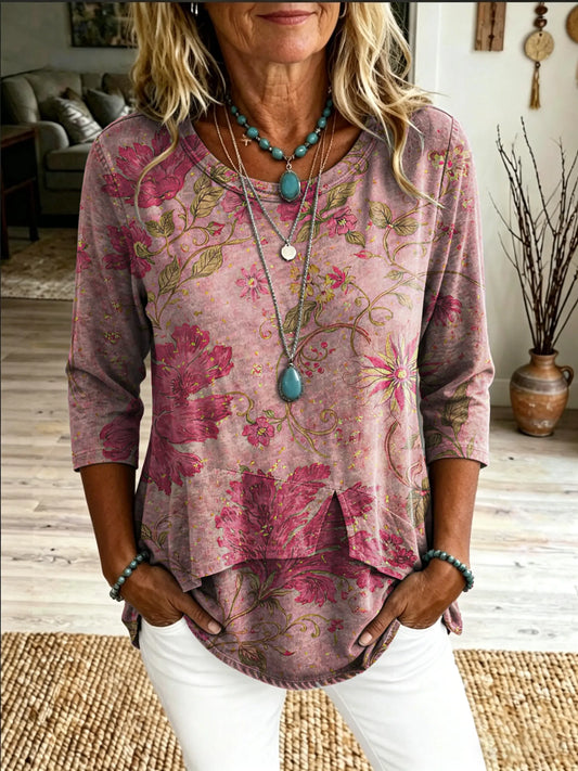 Women's Casual Round-neck T-shirt With Floral Art Print
