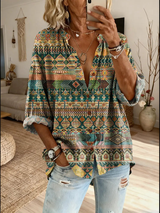Women's Bohemian-style Ethnic Print Casual Shirt