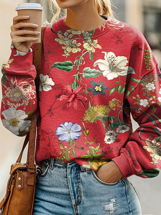 Vintage Floral Print Casual Sweatshirt