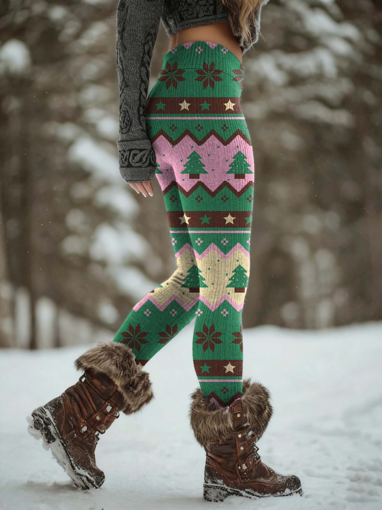 Women's Christmas Patchwork Pattern Art Print Knitted Leggings