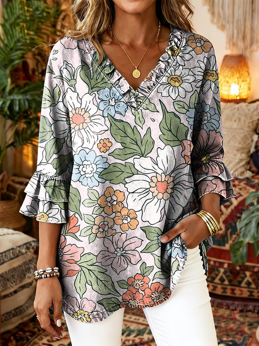 Ethnicity Bohemia Flowers Women's Art Print Casual V-neck Ruffled Washed Top