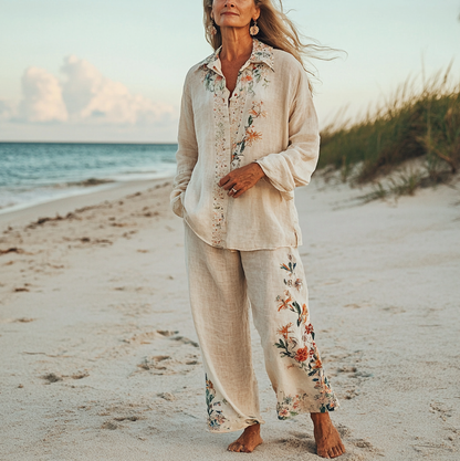 Comfort Vacation Oversized Linen Long Sleeve Shirt and Wide Leg Pants 7f28