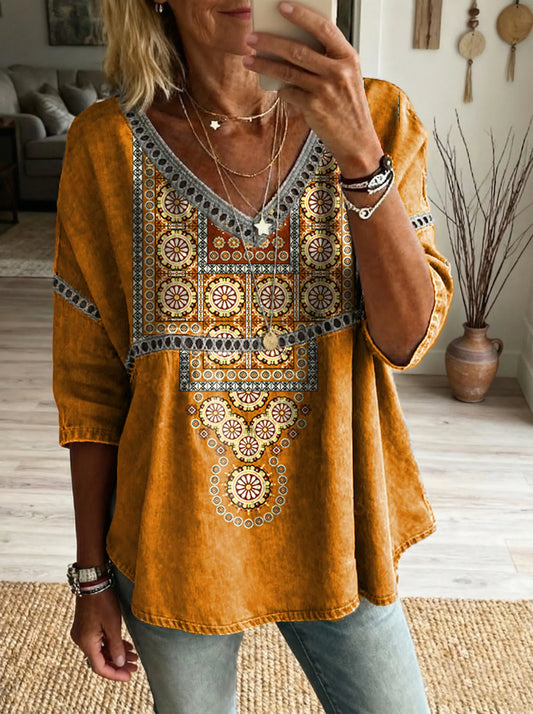 Women's Floral Pattern Art Print Casual V-neck Lace-up Top