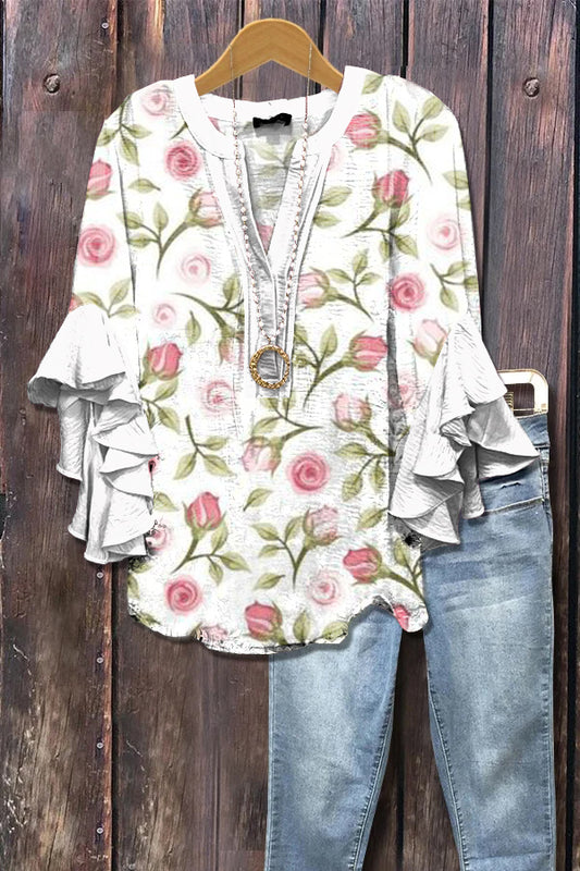 Elegant Floral Print Ruffle Sleeve Top