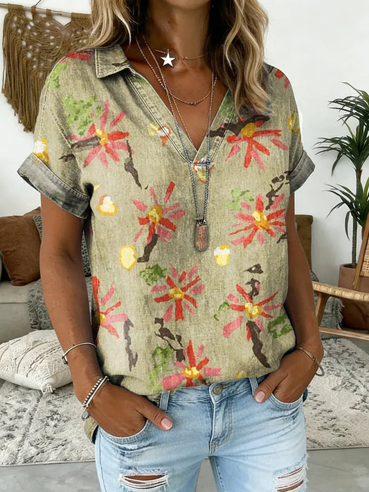 Women's Floral Print V-Neck Short-Sleeve Shirt