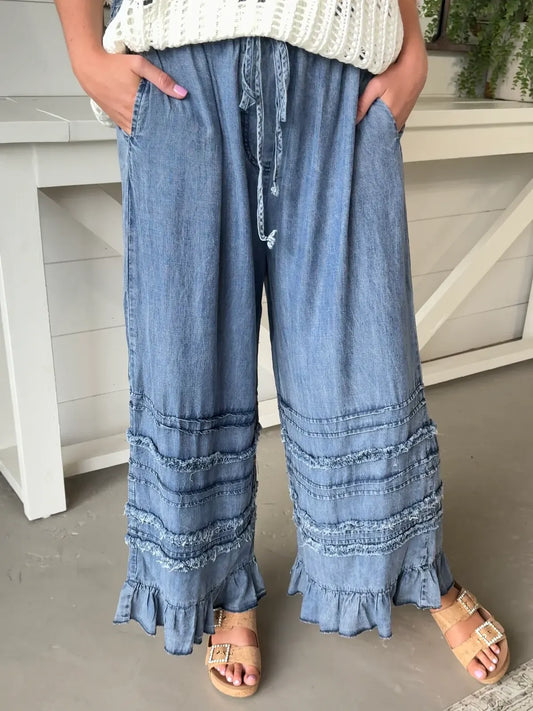 Women's Drawstring Waist Layered Ruffle Frayed Hem Cropped Wide Leg Denim Pants