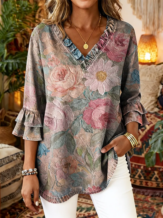 Women's Vintage Floral Art Print Casual Ruffled Washed Shirt