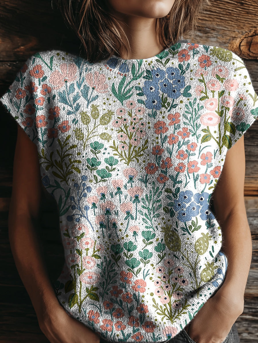 Women's Ethnic Colorful Flowers Art Print Casual Crew Neck Short Sleeve Knitted Sweater