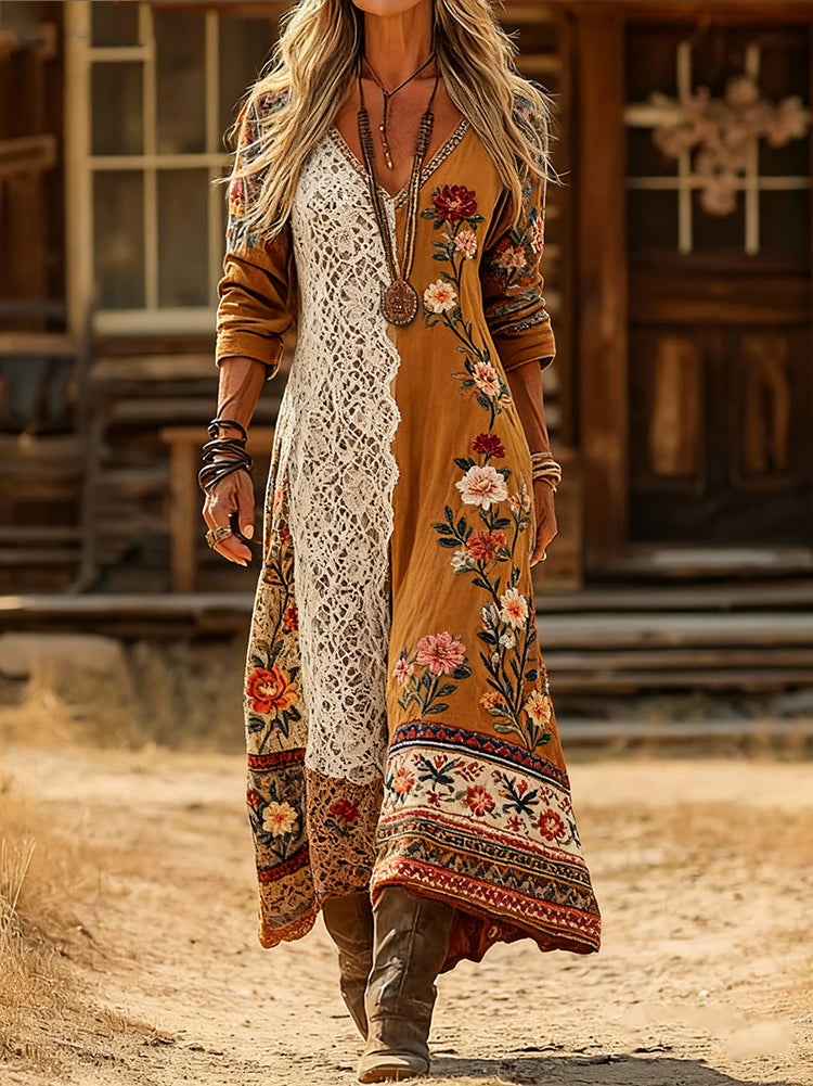 Women's Ethnic Floral Art Print Casual V-Neck Long-Sleeve Cotton Dress