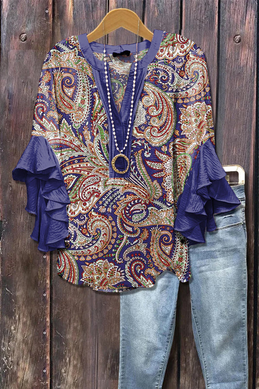 Elegant Paisley Print Ruffle Sleeve Top