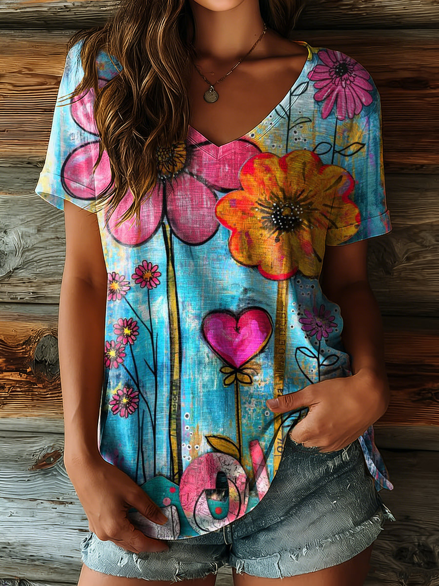Women's Vintage Blue Love Heart Floral Art Print Casual V-neck Cotton Short Sleeve T-shirt