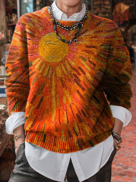 Ladies Retro Orange Sun Art Printed Knitted Casual Pullover Sweater