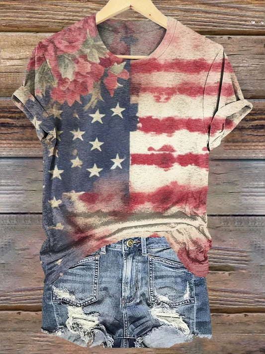 Women's Vintage Flag Floral Art Print Crew Neck T-Shirt