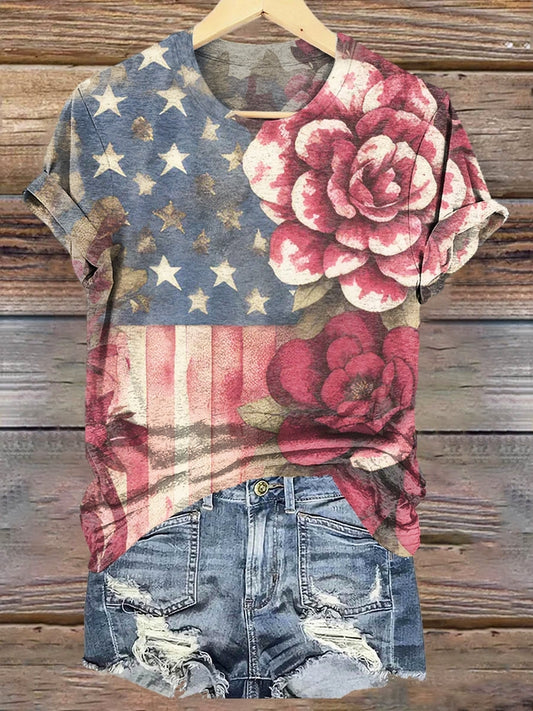 Women's Vintage Flag Floral Art Print Crew Neck T-Shirt