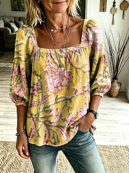 Women's Floral Pattern Art Print Casual Square-Neck Top