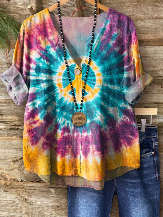 Women's Tie Dye Hippie Peace Print Casual Cotton Linen Shirt