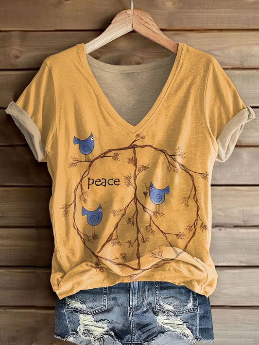 Women's Hippie Peace Bird Art Print V-neck Casual T-Shirt