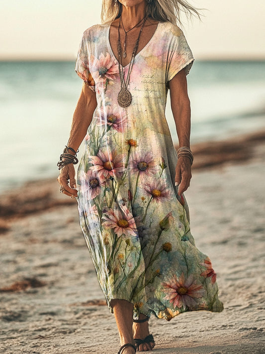 Women's Vintage Watercolor Floral Print Short Sleeve Pocket Cotton Linen Dress