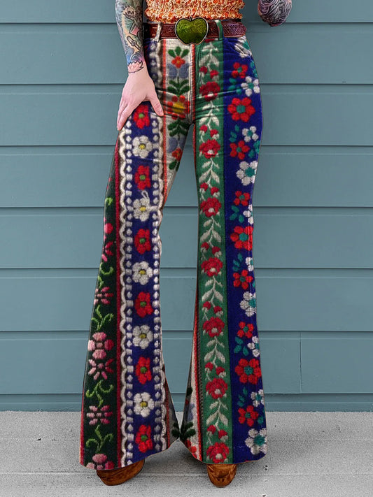 Women's Vintage Floral Patchwork Art Print Casual Wide Leg Pants