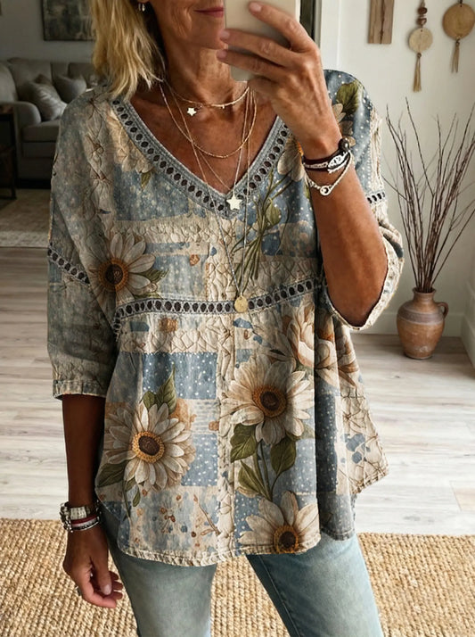 Women's Sunflower Pattern Art Print Casual V-neck Lace Trim Top