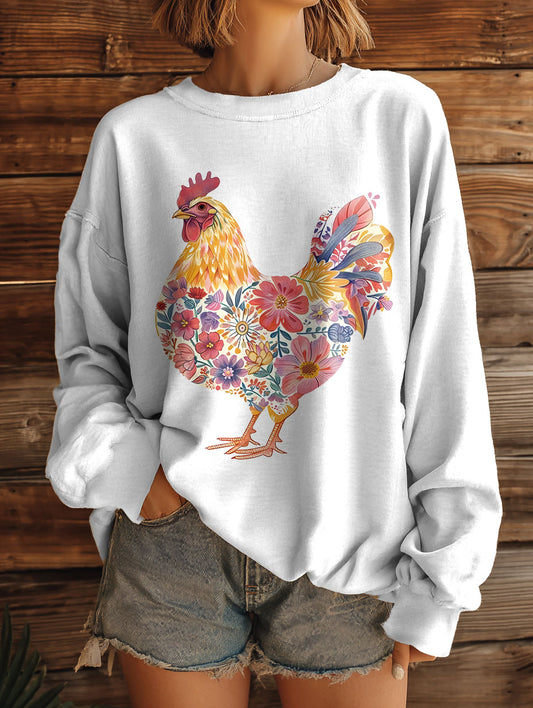 National flower pattern chicken Vintage Art Print Casual Sweashirt