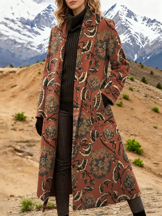 Women's Retro Floral Art Print High Quality Casual Wool Coat