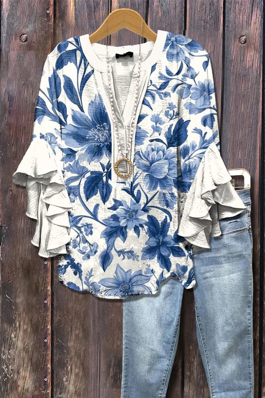 Elegant Floral Print Ruffle Sleeve Top