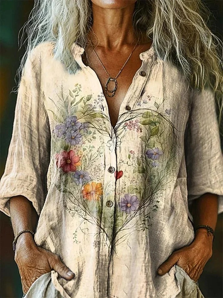 Women's Vintage Ethnic Floral Art Print Linen And Cotton V-neck Casual Shirt