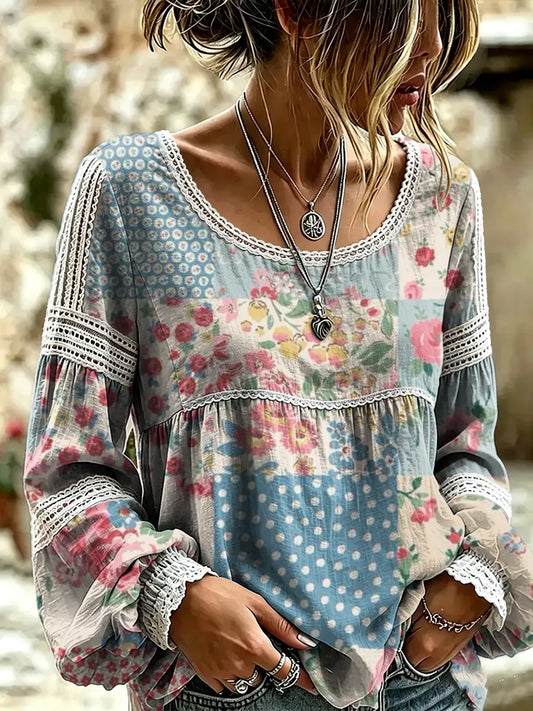 Women's Vintage Patchwork Floral Art Print Lace Shirt