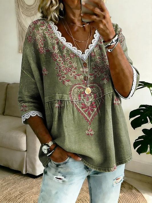 Ethnicity Geometry Flowers Women's Vintage Art Print Casual V Neck Top With Lace Trim