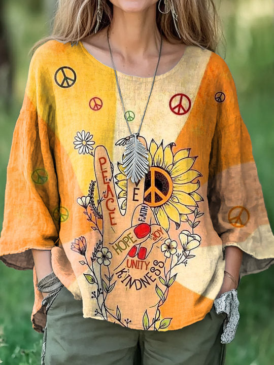 Women's Hippie Art Print Casual Cotton And Linen Shirt