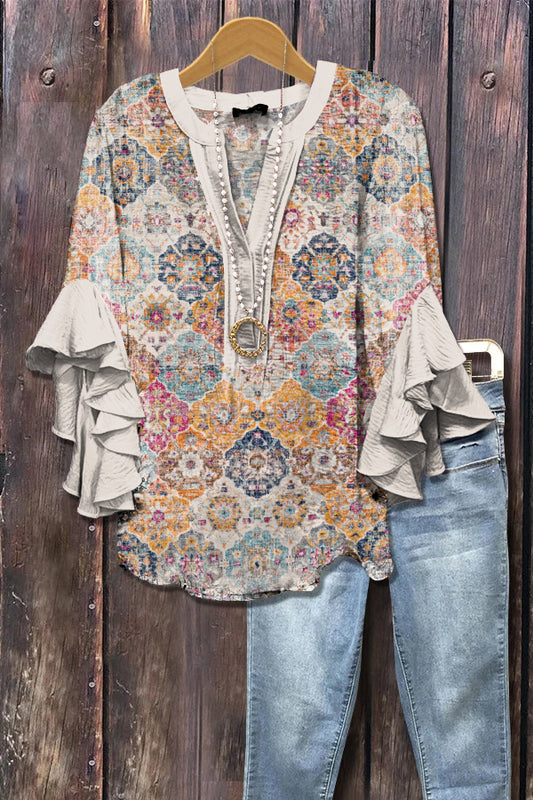 Elegant Retro Ethnic Pattern Printed Ruffle Sleeve Top