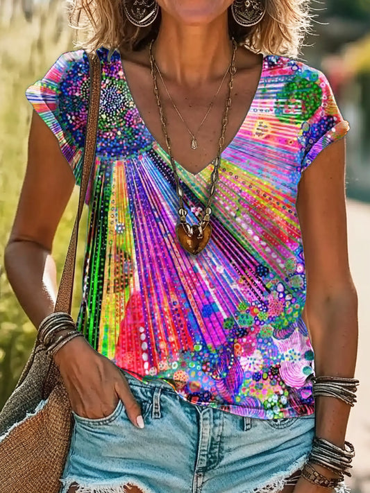 Women's Colorful Sunflower Art Print Cotton V-neck T-Shirt