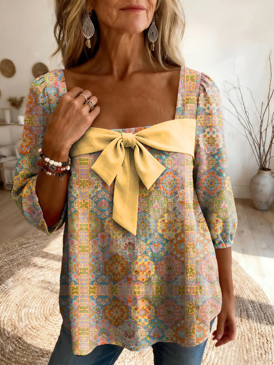 Women's Retro Ethnic Floral Art Print Casual Square-Neck Top with Bow Detail