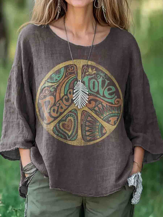 Women's Hippie Graphic Art Print Casual Cotton and Linen Shirt