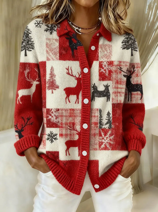 Women's Christmas Reindeer Art Print Knit Cardigan