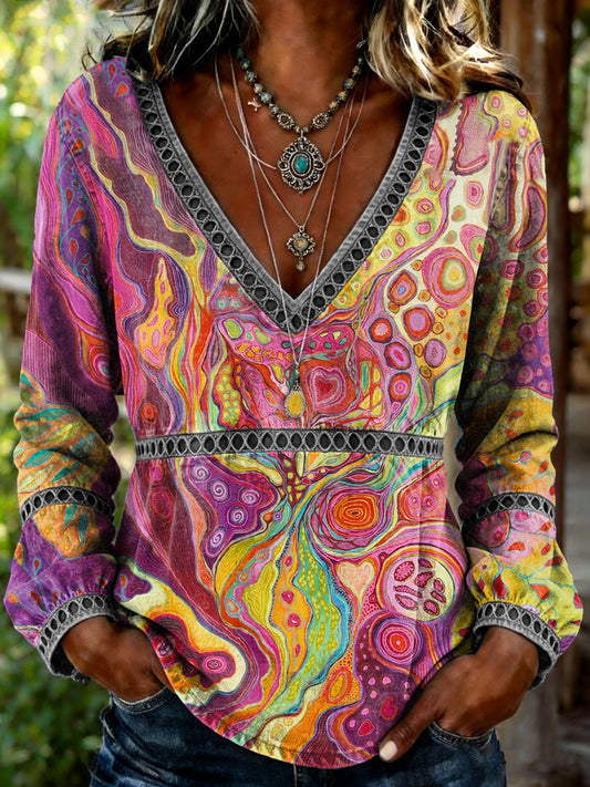 Women's Retro Colorful Art Print Casual Long-sleeve V-neck Hollow-out Shirt