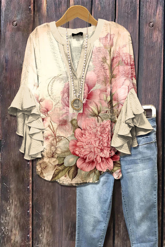 Elegant Paisley Print Ruffle Sleeve Top