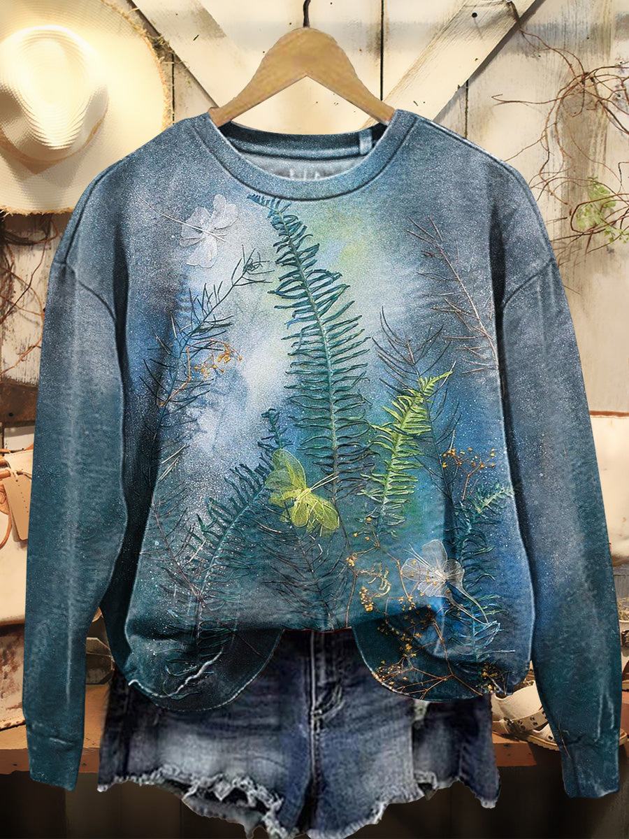 Women's Vintage Leaf Texture Art Print Casual Crew Neck Sweatshirt