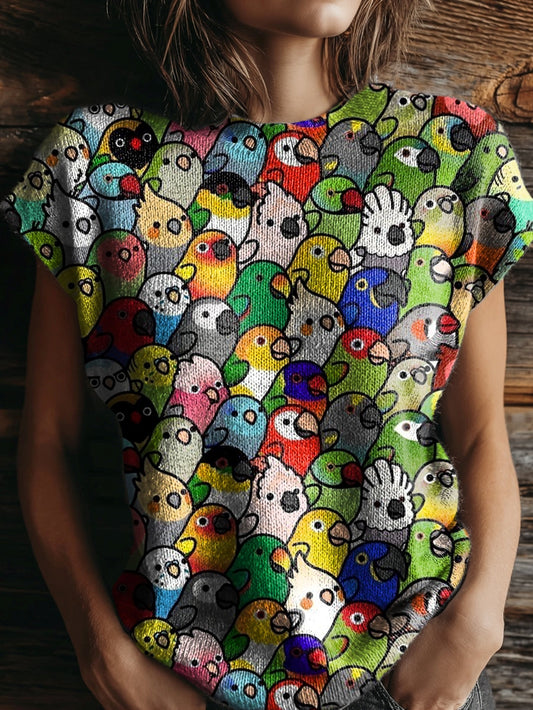 Women's Colorful Parrot Pattern Artistic Print Round Neck Casual Short-sleeved Knitted Sweater