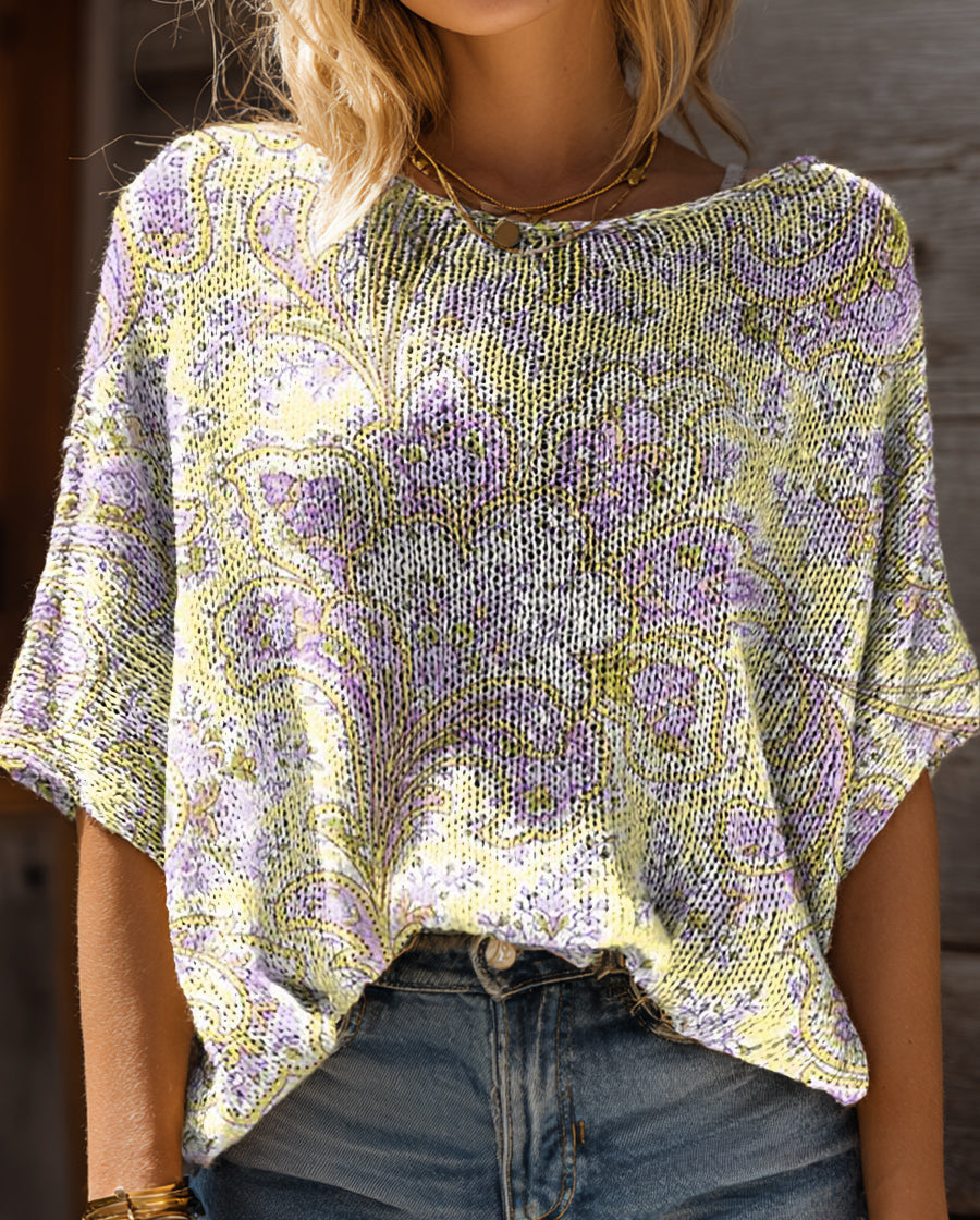 Women's Vintage Ethnic Floral Art Print Casual Short Sleeves Pullover Sweater