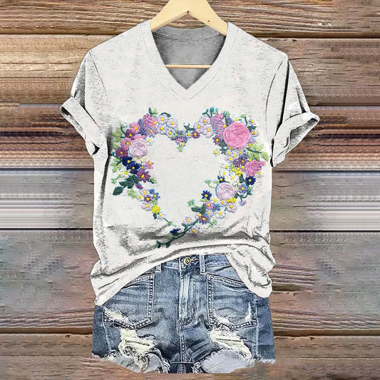 Women's Floral Heart Art Print V-Neck Casual T-Shirt