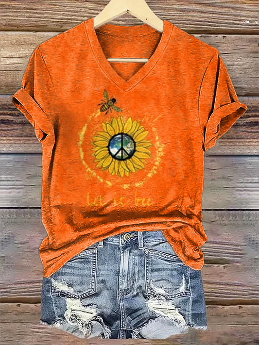 Women's Hippie Floral Art Print V-neck Casual T-Shirt