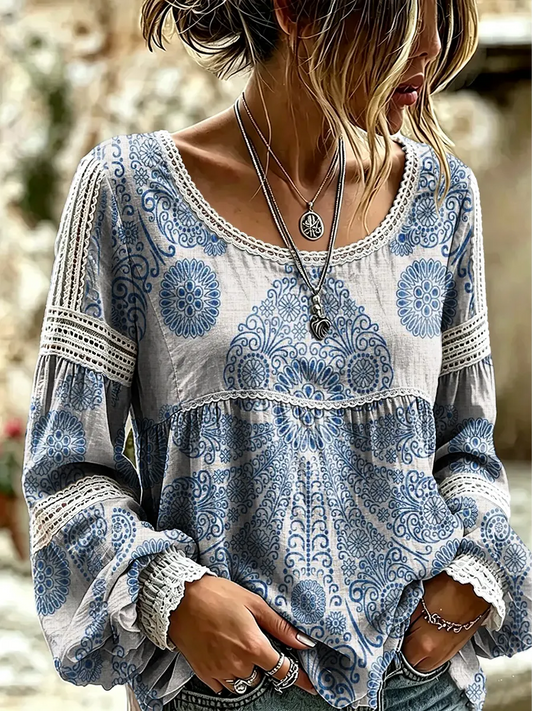 Women's Vintage Ethnic Floral Print Lace Blouse