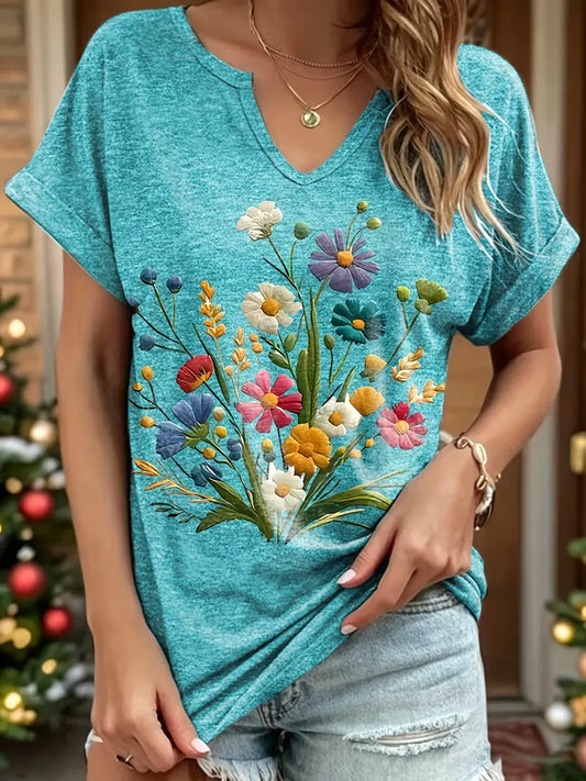 Women's Floral Print V-neck Pure Cotton T-shirt