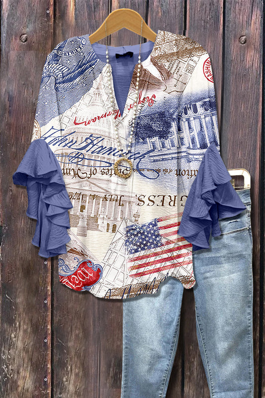 Mixed American Flag Print Ruffle Sleeve Patriotic Top