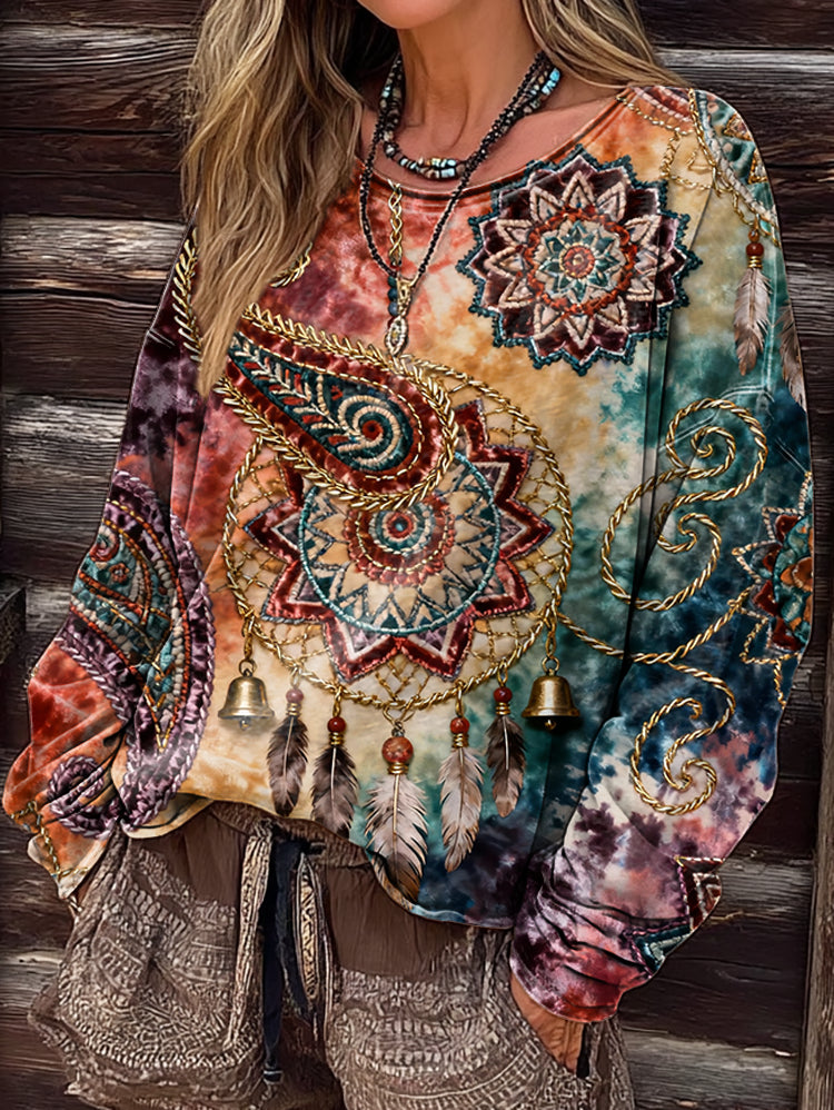 Women's Vintage Bohemian Tie-Dye Art Print Casual Long-Sleeve Crew Neck T-Shirt
