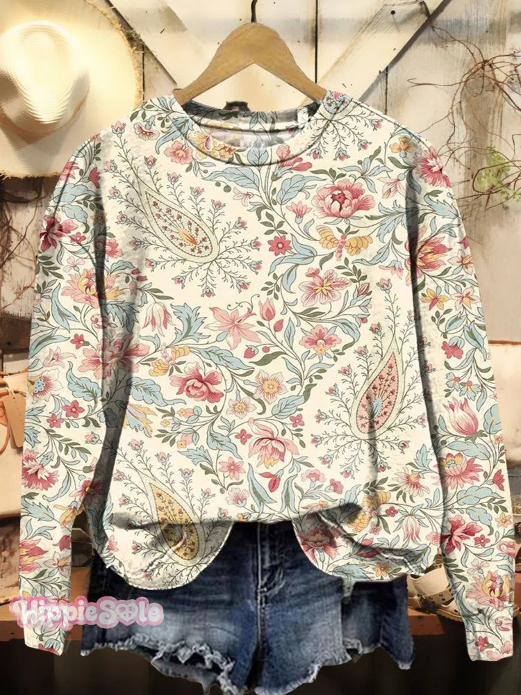 Women's Vintage Paisley Floral Art Print Casual Cotton And Linen Ruffle Shirt